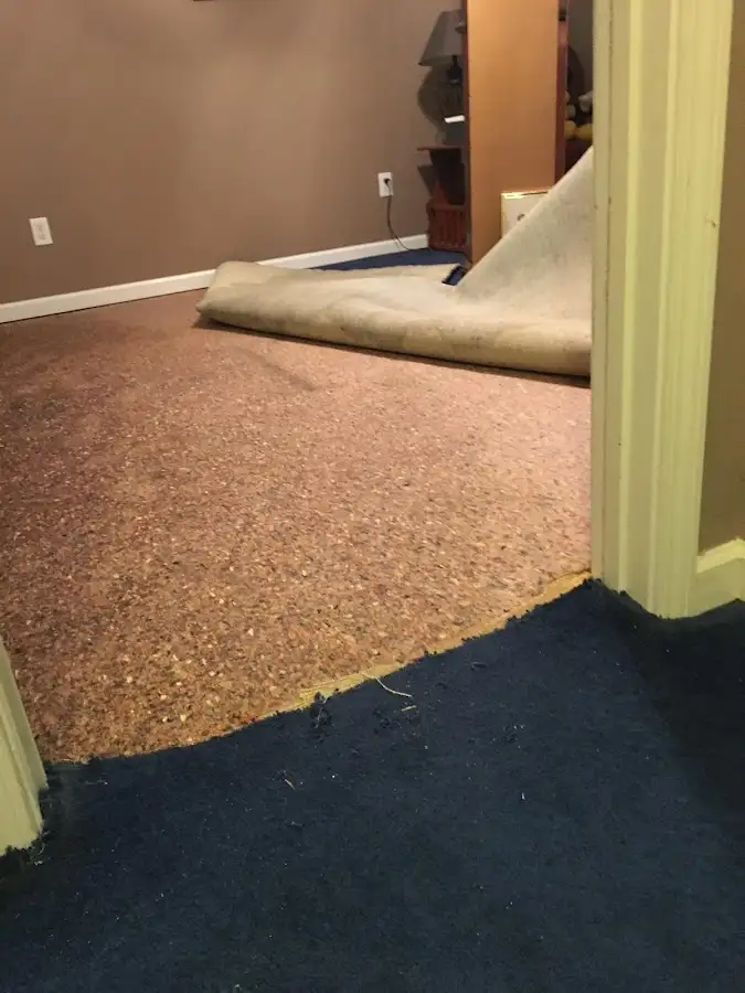 Carpet pad removal revealing water damage during Water Mitigation Services in Albemarle